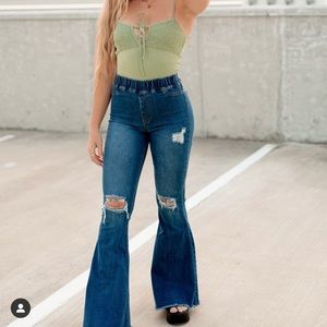 Georgie Distressed Washed Flare Stretch Denim Jeans